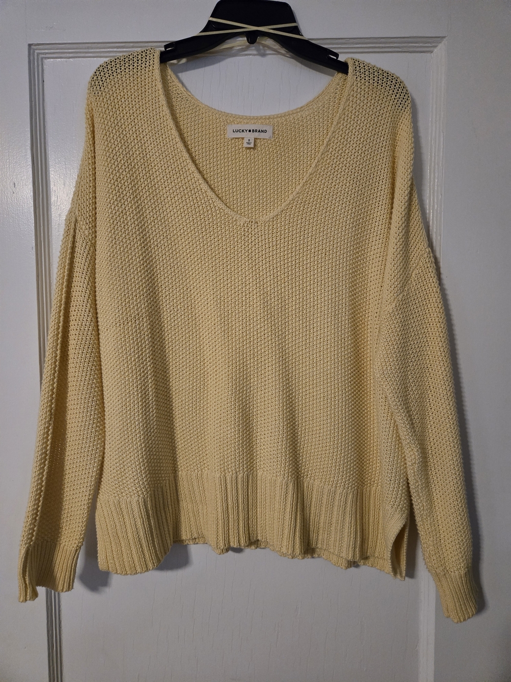 Lucky Brand Pale Yellow Open-Knit V-Neck Sweater